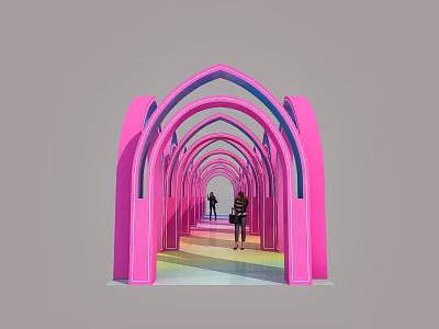 Pink Arched Event Passage With Series Of Arches And Colorful Light Reflections 3d model