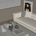 Modern Two Seater Sofa With Patterned Cushions Coffee Table Decorative Items And Minimalist Wall Art