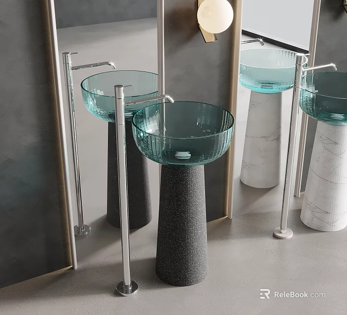 Elegant Modern Bathroom Glass Basins With Marble Pedestals And Metal Stands 3d model 