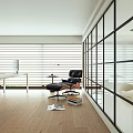 Modern Home Office Interior Design With White Desk Red Chair Potted Plant And Framed