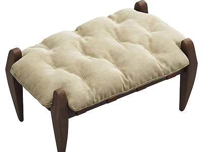 Modern Beige Tufted Ottoman With Upholstered Seat And Dark Wooden Legs 3d model
