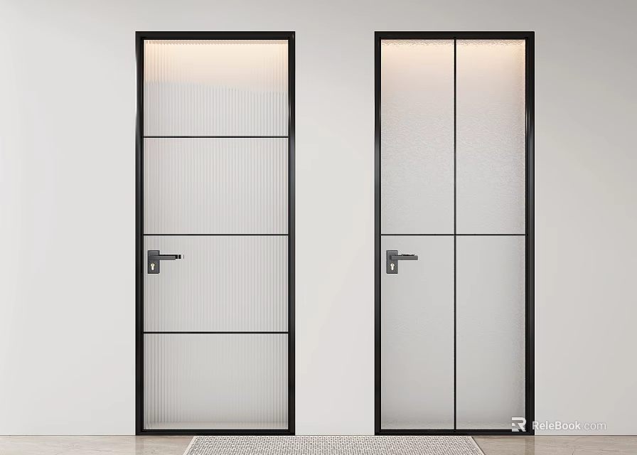 Modern Interior Hinged Doors With Black Frames And Ribbed Glass Design 3d model
