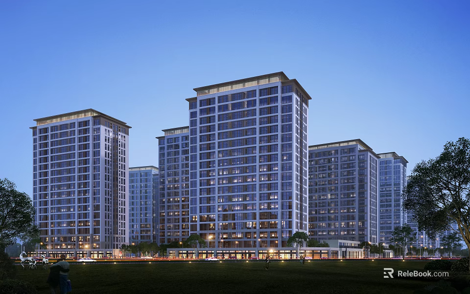Modern High Rise Residential Buildings With Evening Lighting And Landscaped Grounds 3d model 