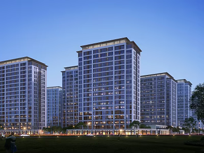 Modern High Rise Residential Buildings With Evening Lighting And Landscaped Grounds 3d model