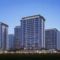 Modern High Rise Residential Buildings With Evening Lighting And Landscaped Grounds