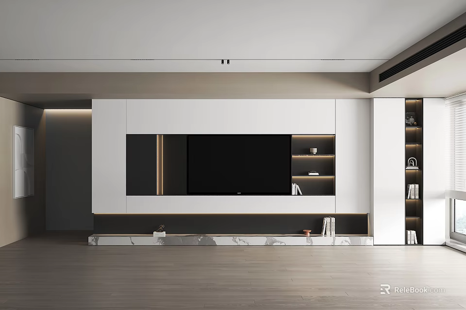 Modern Living Room TV Wall Design With White Cabinets And Black TV Screen 3d model 