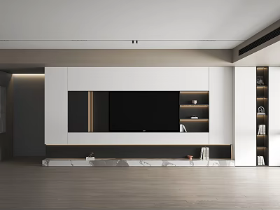 Modern Living Room TV Wall Design With White Cabinets And Black TV Screen 3d model