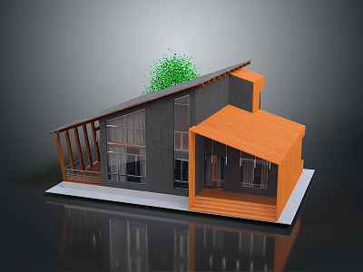 Modern House Architectural Design With Orange Roof Gray Walls Large Windows And Green Plants 3d model