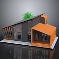Modern House Architectural Design With Orange Roof Gray Walls Large Windows And Green Plants