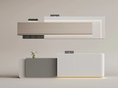 Modern Reception Desk Interior Design With White Gray Counter And Lighting Decoration 3d model
