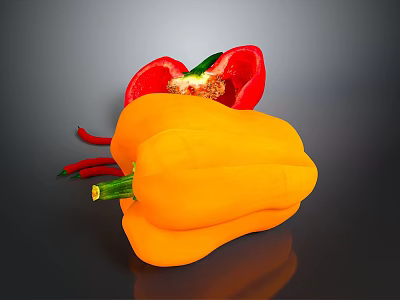 Fresh Ripe Bell Peppers And Chili Peppers With Vibrant Colors On Dark Background 3d model
