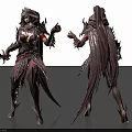Woman Fantasy Warrior in Elaborate Feathered Armor Wielding Dagger with Long Cloak and Mythical Design