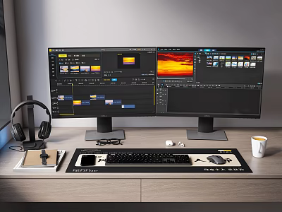 Dual Monitor Computer Setup Featuring Video Editing Software Interface And Workstation Accessories 3d model