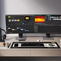 Dual Monitor Computer Setup Featuring Video Editing Software Interface And Workstation Accessories 3d model