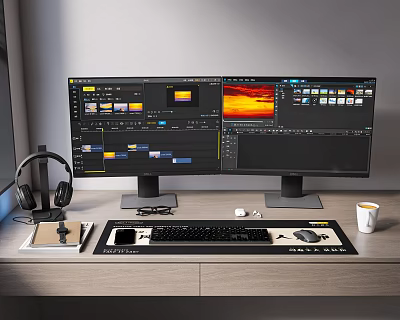 Dual Monitor Computer Setup Featuring Video Editing Software Interface And Workstation Accessories 3d model