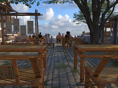 Chinese Style Outdoor Swing Door with Bamboo Tables Chairs Blue Sky White Clouds and People 3d model