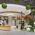 Modern Shopping Mall Lobby Interior With Circular Counter And Green Plants