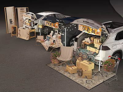 Outdoor SUV Trunk Market Setup With Grocery Shop Decor And Wooden Items 3d model