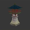 Traditional Japanese Stone Lantern With Blue Roof Wooden Railing And Stone Base