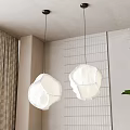 Modern White Pendant Lights With Unique Geometric Design Against Slatted Wall Curtains And Green Plant