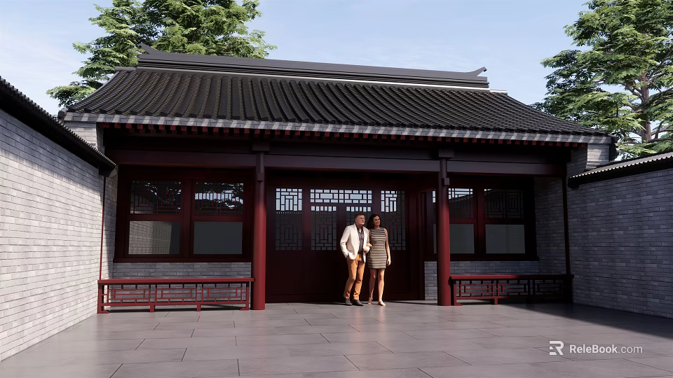 Ancient Chinese Architecture With Traditional Black Tiled Roof Red Columns And Two People At Entrance 3d model 