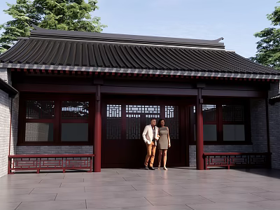 Ancient Chinese Architecture With Traditional Black Tiled Roof Red Columns And Two People At Entrance 3d model