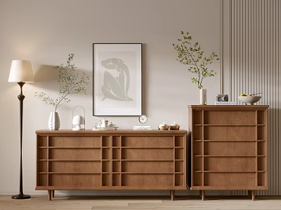 Modern Entryway Cabinet and Sideboard with Wood Finish Decorative Vases Floor Lamp and Wall Art 3d model