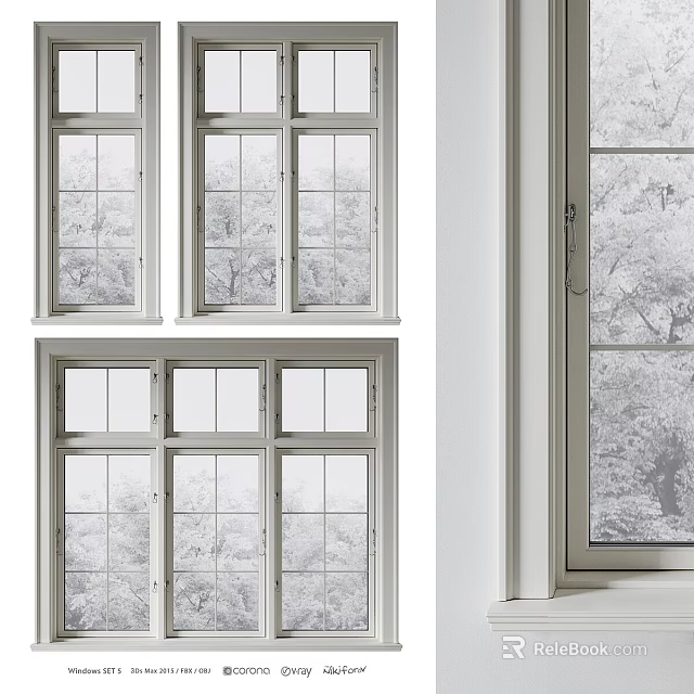 White Framed Modern Windows With Multiple Panes And Tree Patterns On Glass 3d model 