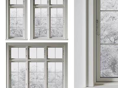 White Framed Modern Windows With Multiple Panes And Tree Patterns On Glass 3d model