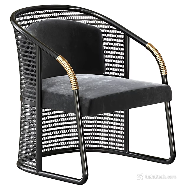 Modern Leisure Chair With Black Metal Frame Golden Armrests Woven Design And Padded Seat 3d model 
