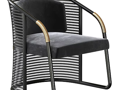 Modern Leisure Chair With Black Metal Frame Golden Armrests Woven Design And Padded Seat 3d model