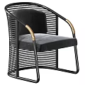 Modern Leisure Chair With Black Metal Frame Golden Armrests Woven Design And Padded Seat