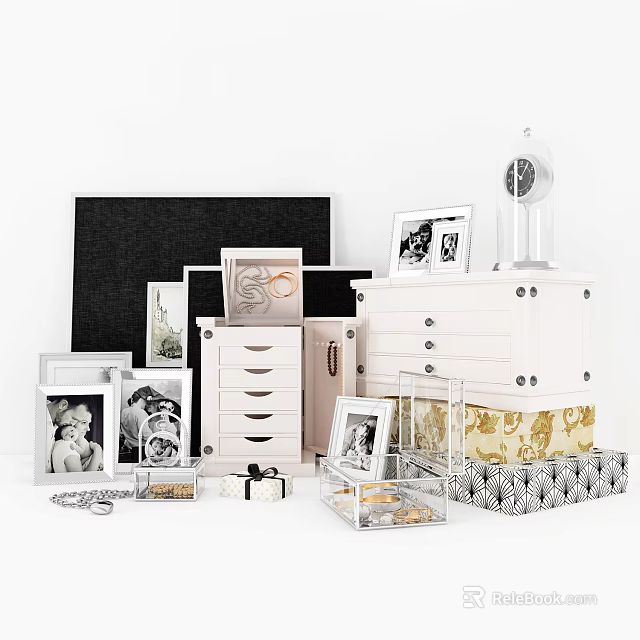 Decorative Ornaments Display Set With Photo Frames Drawer Cabinets Clock And Storage Boxes 3d model