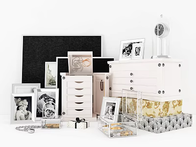 Decorative Ornaments Display Set With Photo Frames Drawer Cabinets Clock And Storage Boxes 3d model