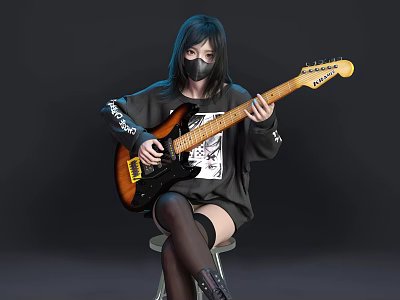 Man Playing Electric Guitar In Black Hoodie With Mask On Stool Against Gray Background 3d model