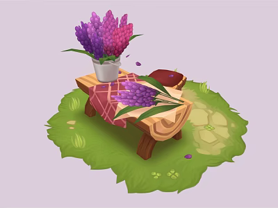 Purple Pink Lavender Flowers In Vase On Wooden Table With Checkered Cloth And Green Grass 3d model
