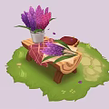 Purple Pink Lavender Flowers In Vase On Wooden Table With Checkered Cloth And Green Grass