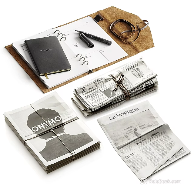 Stacked Newspapers And Notebook With Pen Glasses On Leather Mat 3d model 