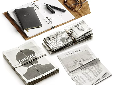 Stacked Newspapers And Notebook With Pen Glasses On Leather Mat 3d model