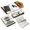Stacked Newspapers And Notebook With Pen Glasses On Leather Mat 3d model