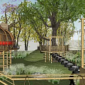 Scenic Multiple Tree Houses With Wooden Walkway And Lush Greenery In Natural Setting