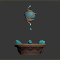 Wooden Stone Decorative Bowl Featuring Blue Crystal Water and Suspended Turquoise Sphere with Orange Coils