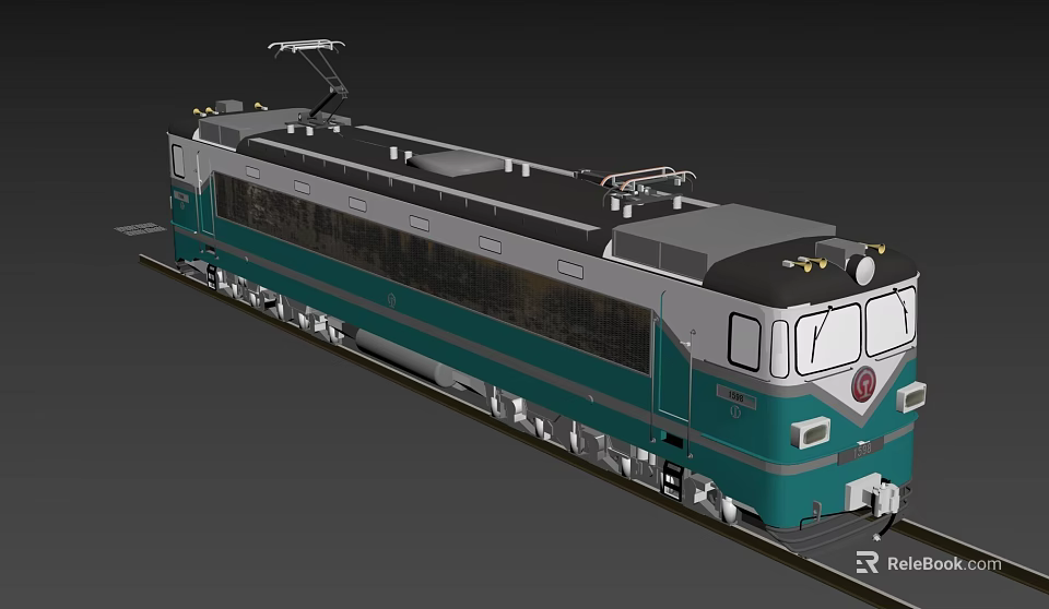 Green And White Modern Electric Train On Railway Tracks With Front Windows 3d model 
