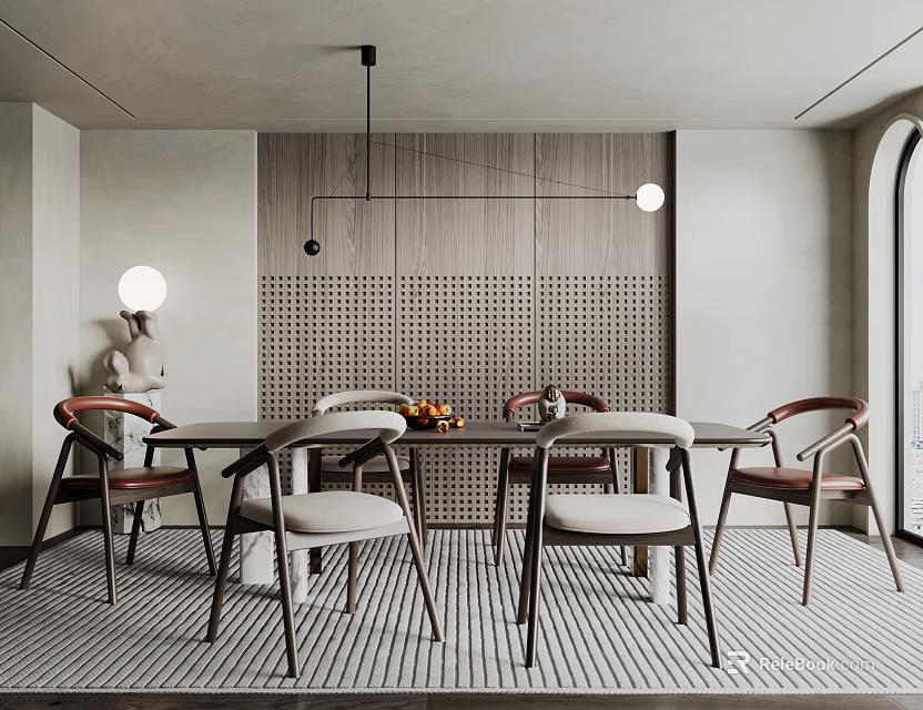 Minimalist Restaurant Interior Design With Wooden Wall Dining Table Chairs Pendant Light And Striped Flooring 3d model 