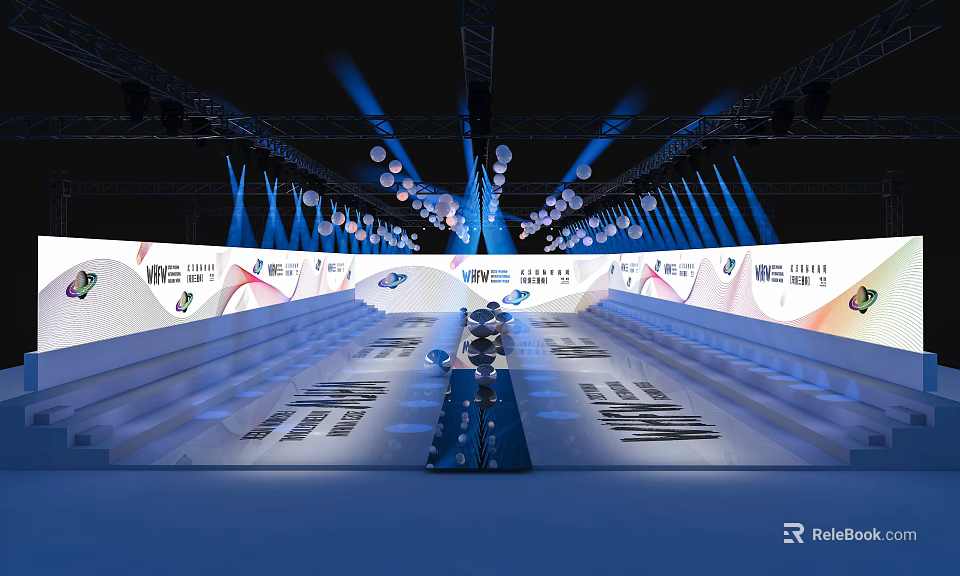 Modern Stage With Blue Lighting Hanging White Spherical Decorations Staircase Seats And Brand Logos Backdrop 3d model 