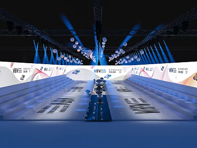 Modern Stage With Blue Lighting Hanging White Spherical Decorations Staircase Seats And Brand Logos Backdrop 3d model