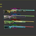 Rifles Featuring Scopes In Various Colors And Designs Arranged On Grey Background