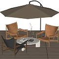 Outdoor Patio Table and Chair Set with Brown Black Chairs White Table Umbrella Vase Plant