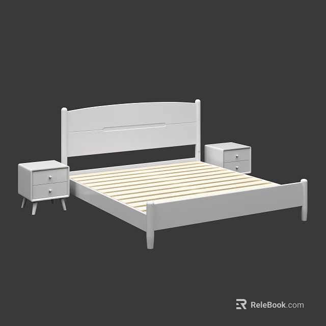Modern White Double Bed With Wooden Slats Headboard And Two Nightstands 3d model 