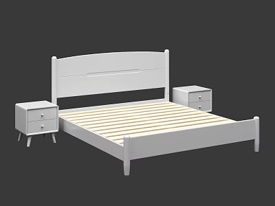 Modern White Double Bed With Wooden Slats Headboard And Two Nightstands 3d model